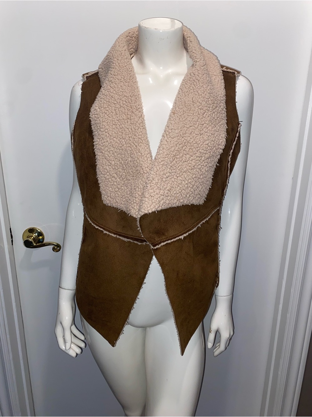 Dollhouse Fall Brown Suede-Look Vest with Cream Sherpa Collar